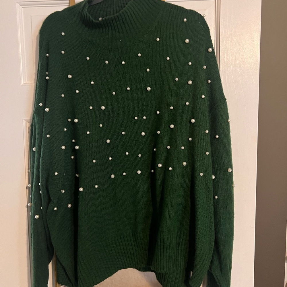 Eloquii Forest Green Turtleneck Sweater with Pearl Details